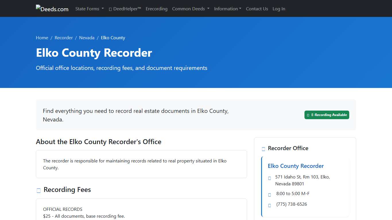 Elko County Recorder Information, Nevada - Deeds.com